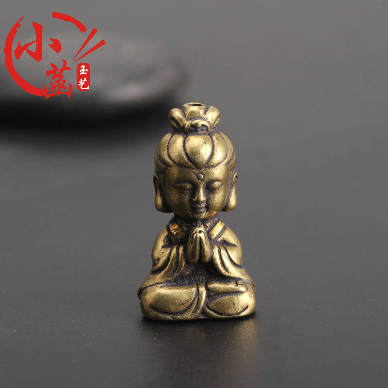 Mini solid brass Guanyin small ornaments Childhood sit antique old bronze hand-made antique bronze Buddha statue