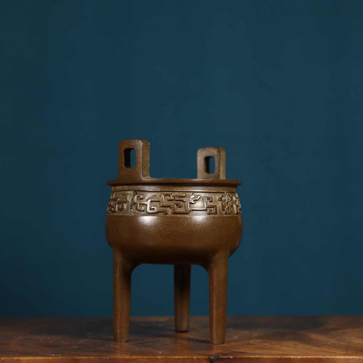 極美古銅香炉 質感 細工 在銘橋耳銅香炉
