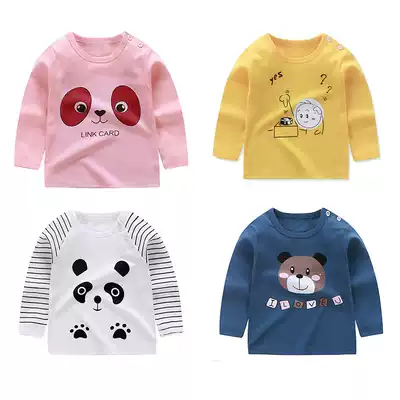 Shoulder buckle baby T-shirt long sleeve men's and women's clothing cotton 1-2-3 years old 0 children spring and autumn cotton baby round neck shirt 4