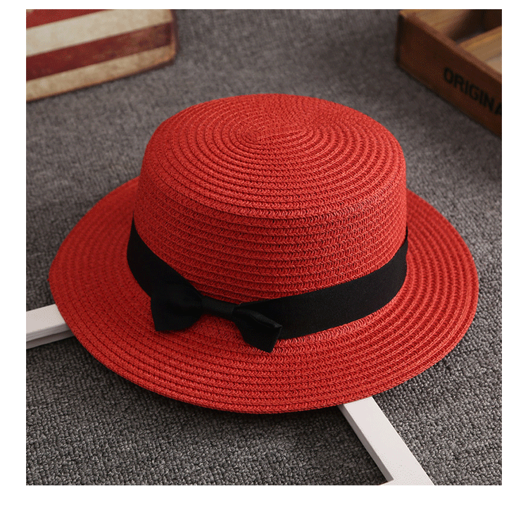 Khaki, Sky Blue, Navy Blue, White, Pink, Red, Wine Red, Yellow, Black Color Korean Straw Hat Female Summer British Retro Flat Top Beach Travel Hat