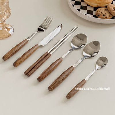 Korean InS-style wooden handle dessert cake spoon and fork Western tableware knife, fork and spoon stainless steel fork and spoon set
