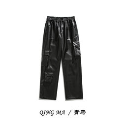 American Retro Street PU Leather Pants Men's Autumn Trendy Loose Multi-Pocket Functional Style Straight Casual Overalls