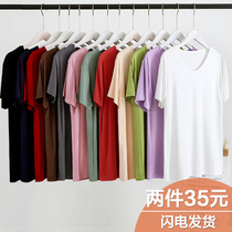 Short sleeve 2021 summer new modal white T-shirt women loose mask Ice Silk plus size V neck purple top