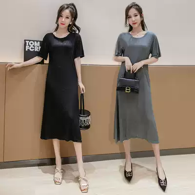 2021 new short sleeve dress women Summer waist thin temperament big pendulum a long dress black modal skirt