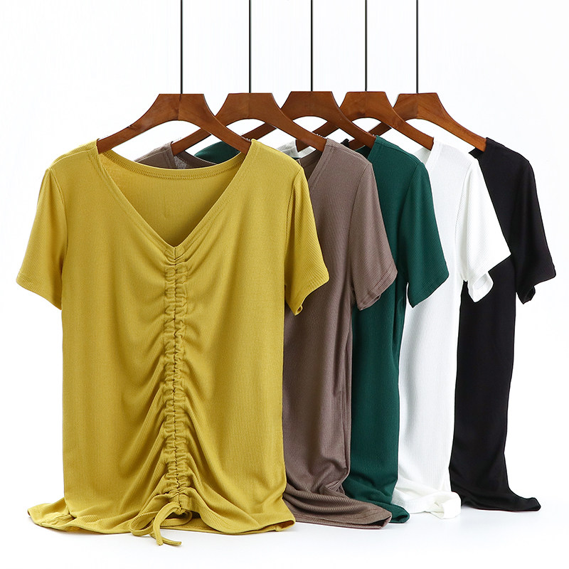 Modal short-sleeved t-shirt women's summer slim half-sleeved pleated bottoming shirt loose V-neck thin top simple all-match trendy