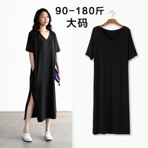 2021 summer new modal long skirt short-sleeved loose split v neckline bag fat mm large size thin dress