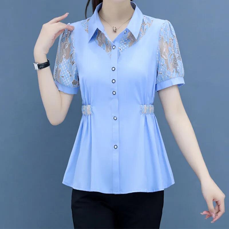 Summer Blue Chiffon Shirt Short-Sleeved Top for Women 2026 New Style Elegant Waist-Cinching Tummy-Covering Lace Blouse Summer Blue Chiffon Shirt Short-Sleeved Top for Women 2026 New Style Elegant Waist-Cinching Tummy-Covering Lace Blouse