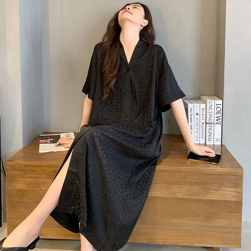 1.0-150kg High-End Loose Mid-Length Nightgown for Women, Summer Plus Size, Over-The-Knee Nightdress, Loungewear for Wearing Outside