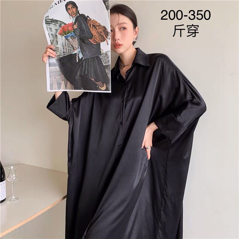 Plus Size 1.0-150kg Oversized Silk Shirt Nightgown Long Loose Shirt Dress