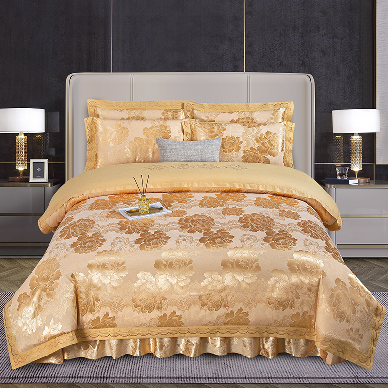 European-Style High-End Villa Bedding Jacquard Chinese-Style Satin Pure Cotton Bed Skirt Wedding Four-Piece Set Silk Large Bed Cover