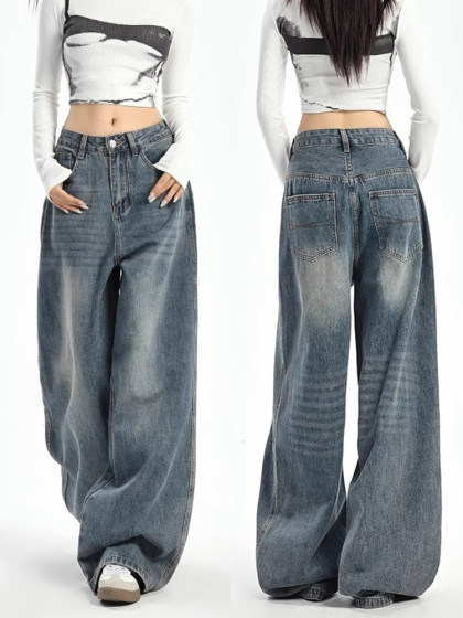 大码胖MM慵懒松弛感牛仔裤女秋冬梨形身材显瘦高腰直筒阔腿拖地裤