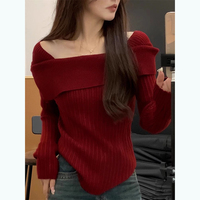 Large size fat girl French one-shoulder red sweater base shirt for women's autumn and winter slim sweater top