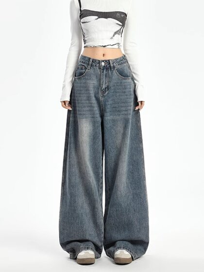 大码胖MM慵懒松弛感牛仔裤女秋冬梨形身材显瘦高腰直筒阔腿拖地裤