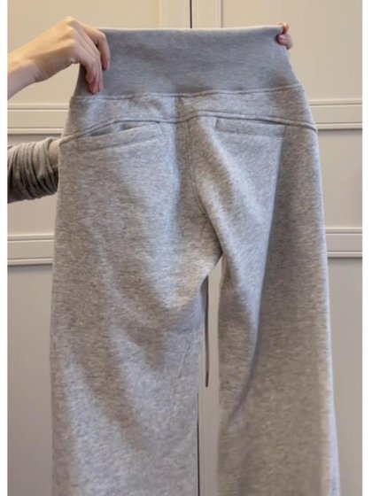 大码韩系灰色高腰抽绳微喇休闲裤女春季新款修身显瘦阔腿拖地裤子