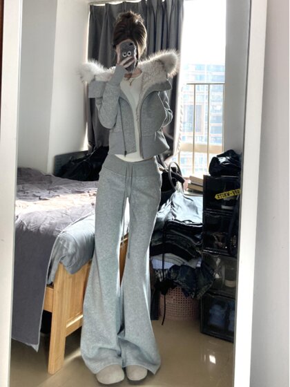 大码胖mm美式微喇休闲裤女春季瑜伽裤运动裤修身显瘦垂感拖地裤子