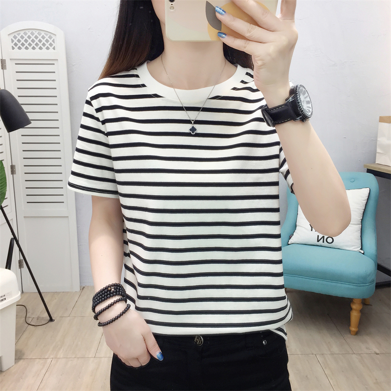 Plus Size Women's Clothing, Pure Cotton Black and White Striped Short-Sleeve T-Shirt, Loose Fit, 2026 New Versatile Top, Half-Sleeve