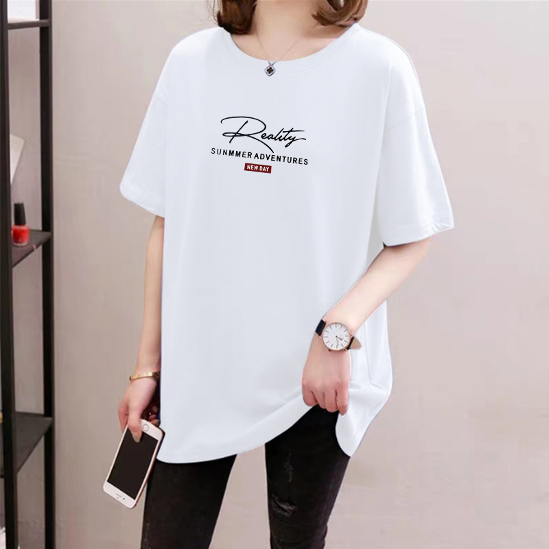 Plus-Size Women's Mid-Length T-Shirt, Short-Sleeved Summer Top for Women, Slimming, Loose-Fitting, Tummy-Covering Shirt