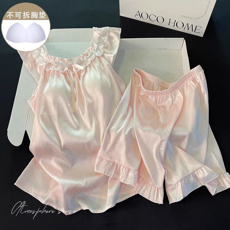 2025 New Style Camisole with Chest Pads, Ice Silk Pajamas for Women, Sexy Summer Japanese-Style Loungewear Two-Piece Set