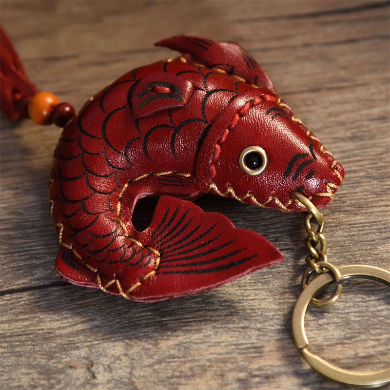 Handmade Genuine Leather Small Red Fish Bag Pendant, Cowhide Car Koi Keychain, Red Auspicious Carp, Back-To-School Gift