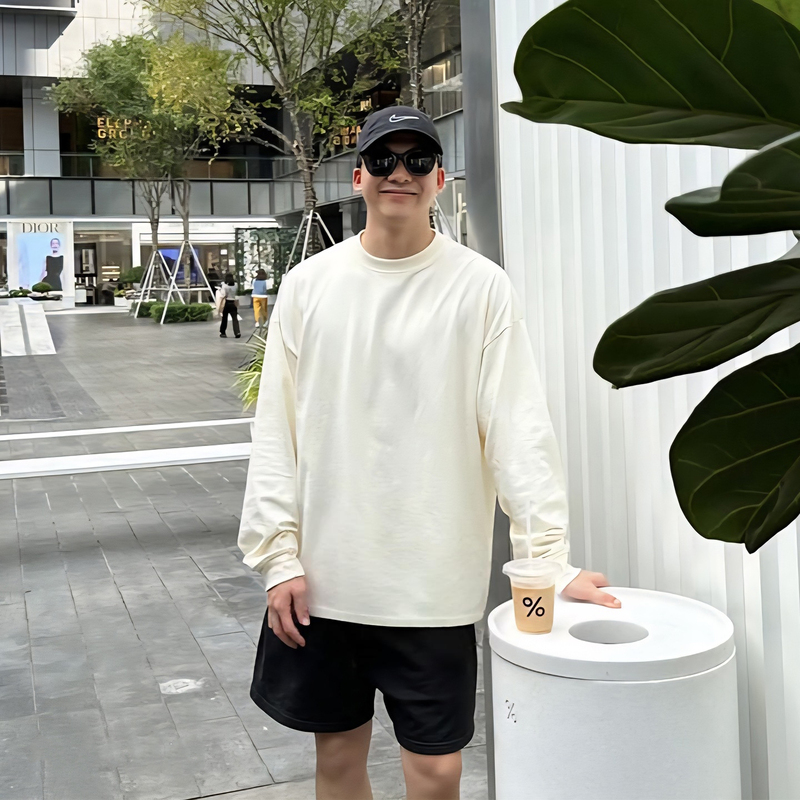 305g Heavyweight Pure Cotton Small Neckline Long-Sleeve T-Shirt for Men 2026 New Base Shirt Spring and Autumn Loose White Top