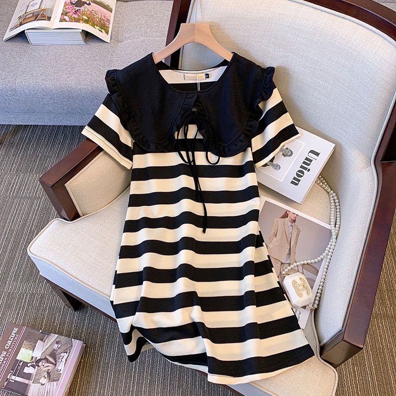 Maternity Dress, Summer Fashion, Elegant Striped Doll Collar, Plus-Size Belly-Covering and Slimming 100kg Maternity Dress Maternity Dress, Summer Fashion, Elegant Striped Doll Collar, Plus-Size Belly-Covering and Slimming 100kg Maternity Dress
