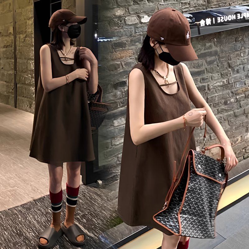 Summer New Maternity Dress Hong Kong Style Casual Versatile Loose Large Size Belly-Covering Slimming Sleeveless Maternity Tank Dress