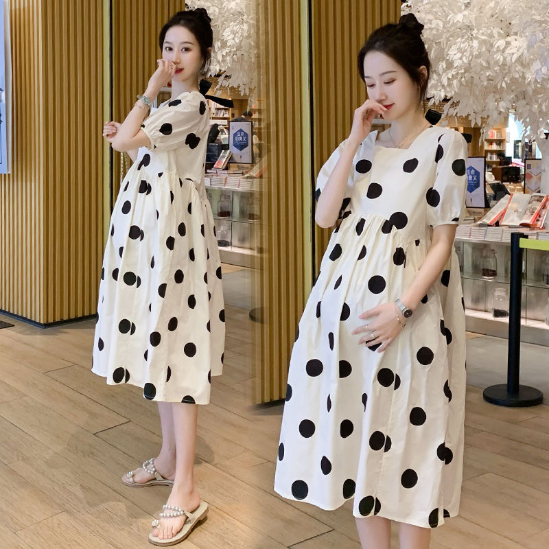 Maternity Wear Summer Korean Style Loose Large Size Short-Sleeved Dress Summer Popular Square Neck Belly-Covering Polka Dot Skirt