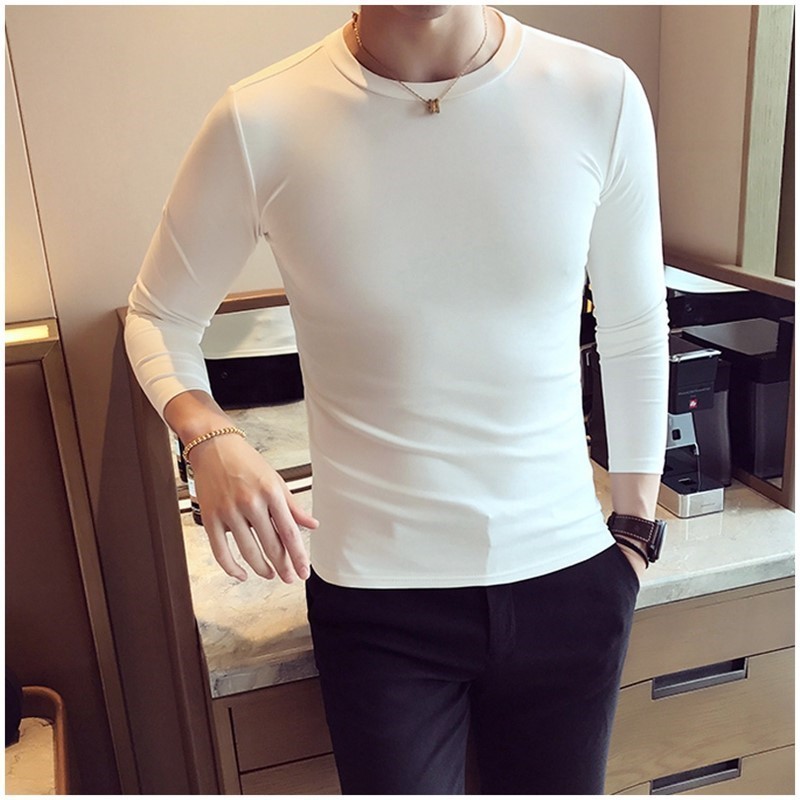 男士长袖t恤春秋新款纯棉修身圆领短袖内搭春季薄款白色打底衫男