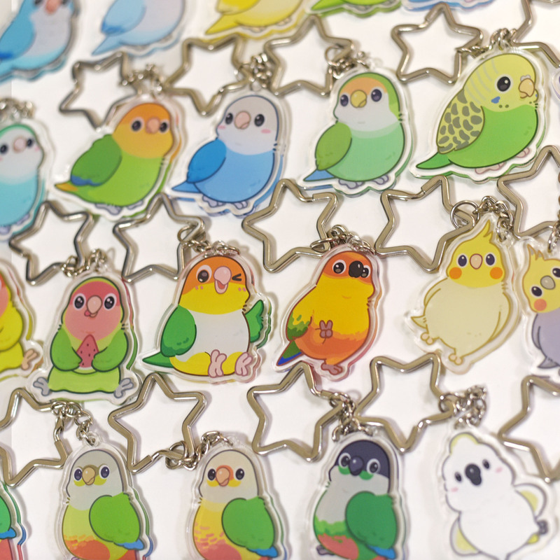 Original Parrot Acrylic Keychain, Peony and Tiger Skin Pattern, Bag Pendant, Cute Bird-Themed Cultural and Creative Products