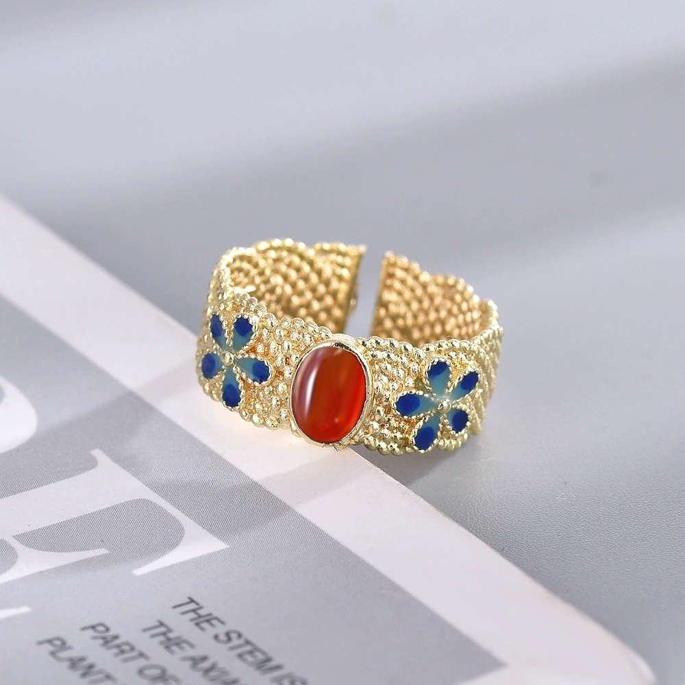 Floral mosaic Burnt Blue Gilded non-relic Pharma Twist Flowers Ancient Wind Light And Luxurious Pop Traditional Opening Female Ring Weave-Taobao