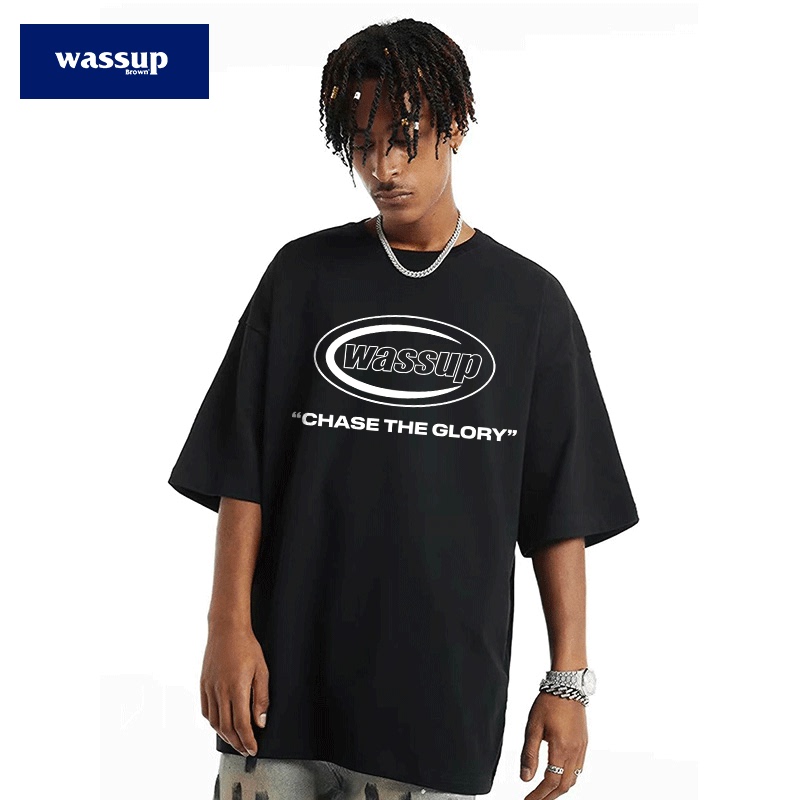 Wassup American-Style Letter T-Shirt Short-Sleeved Summer Men's High Street Trendy Pure Cotton Top with Dropped Shoulder Sleeves Casual and Loose