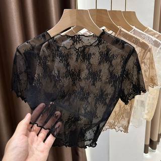 Thin sexy short-sleeved lace t-shirt for women with apricot color hollow