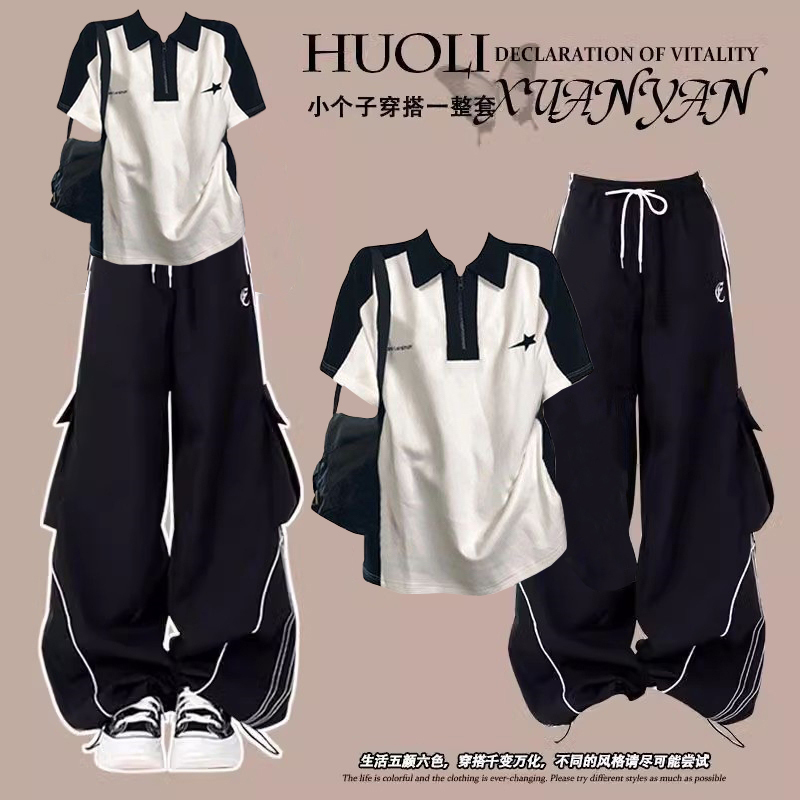 College Style Fashion Outfit, a Complete Set of Women's Summer Clothing, Polo Collar Short-Sleeved T-Shirt, Casual Sports Overalls, Two-Piece Set