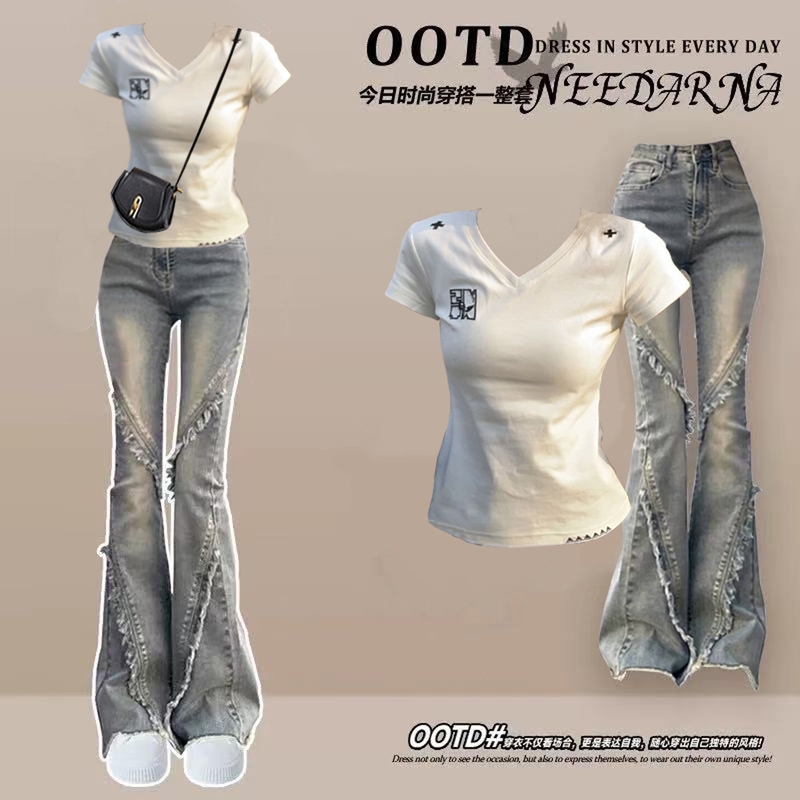 American Style Spicy Girl Outfit for Women 2026 Summer Slim Fit V-Neck Short-Sleeve T-Shirt with High-End Feel and Slightly Flared Denim Jeans Two-Piece Set