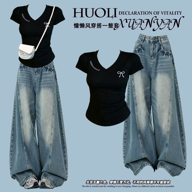 A Very Stylish Outfit: a Set of American-Style Hot Girl V-Neck Short-Sleeved T-Shirt and Wide-Leg Denim Pants for Women in Summer A Very Stylish Outfit: a Set of American-Style Hot Girl V-Neck Short-Sleeved T-Shirt and Wide-Leg Denim Pants for Women in Summer