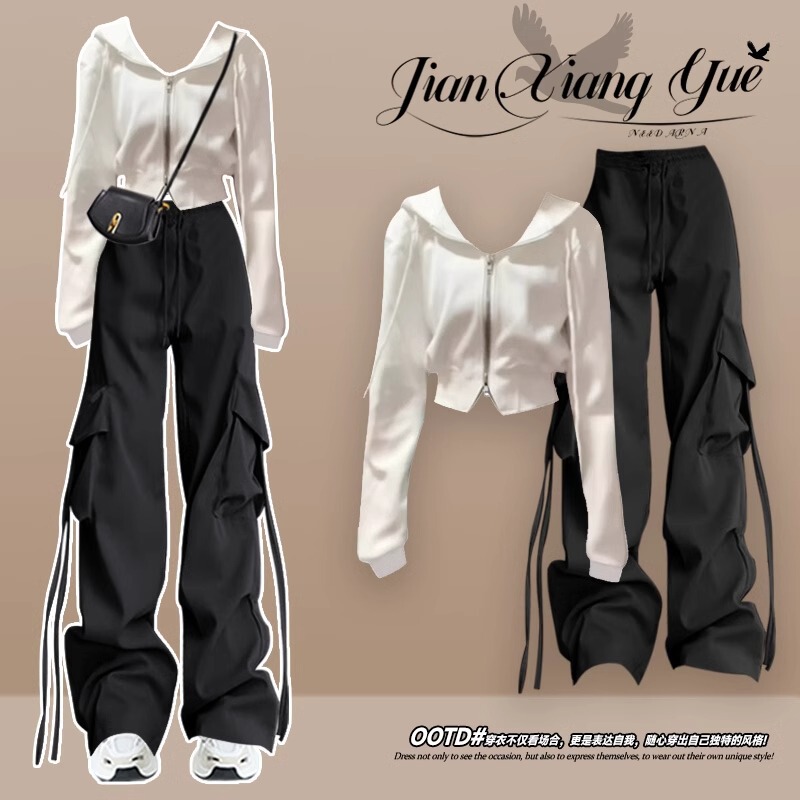 Cool and Stylish Sister-Style Outfit with a Complete Korean-Style Suit for Women in Autumn, Both Sexy and Cool, Slimming and Eye-Catching, Two-Piece Set with Cargo Pants Cool and Stylish Sister-Style Outfit with a Complete Korean-Style Suit for Women in Autumn, Both Sexy and Cool, Slimming and Eye-Catching, Two-Piece Set with Cargo Pants