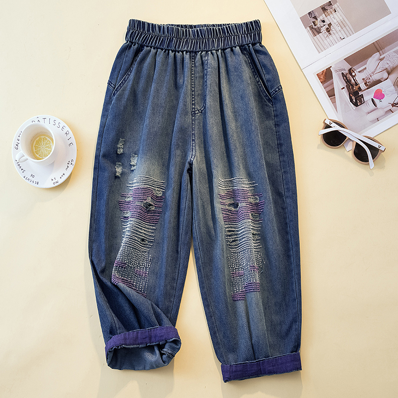 Plus Size Women's Summer Thin Ripped Cropped Jeans High-Waisted Stretchy Mid-Length Pants Loose Wide-Leg Carrot Pants Plus Size Women's Summer Thin Ripped Cropped Jeans High-Waisted Stretchy Mid-Length Pants Loose Wide-Leg Carrot Pants