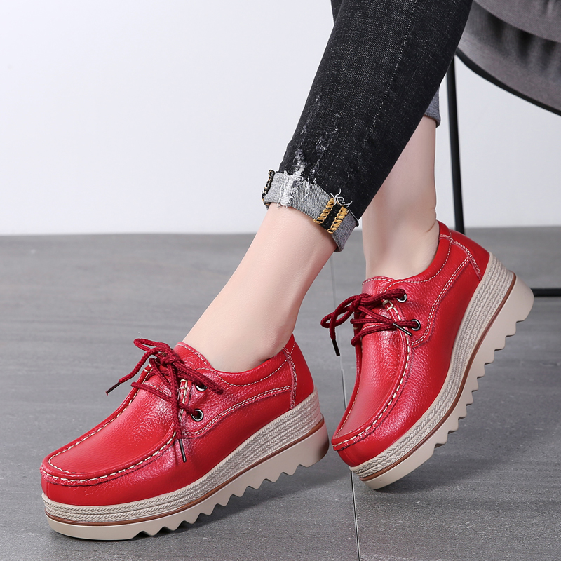 Red & Lace UpShoe of sponge cake female spring and autumn new pattern Thick bottom increase Shake the bottom Slope heel Big size British style Small leather shoes female genuine leather Women's Shoes