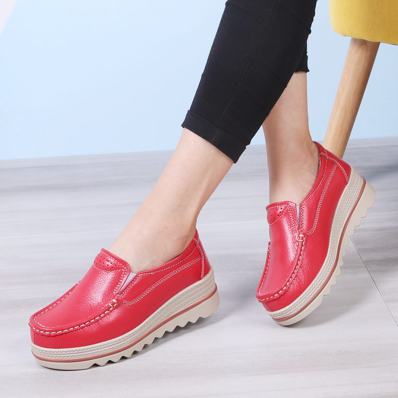 Red & SleeveShoe of sponge cake female spring and autumn new pattern Thick bottom increase Shake the bottom Slope heel Big size British style Small leather shoes female genuine leather Women's Shoes