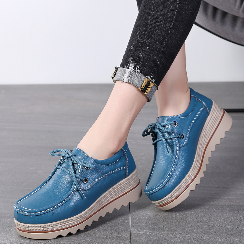 Blue & Lace UpShoe of sponge cake female spring and autumn new pattern Thick bottom increase Shake the bottom Slope heel Big size British style Small leather shoes female genuine leather Women's Shoes