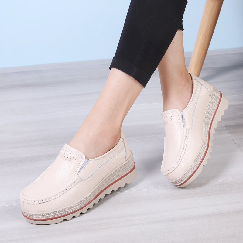 ApricotShoe of sponge cake female spring and autumn new pattern Thick bottom increase Shake the bottom Slope heel Big size British style Small leather shoes female genuine leather Women's Shoes