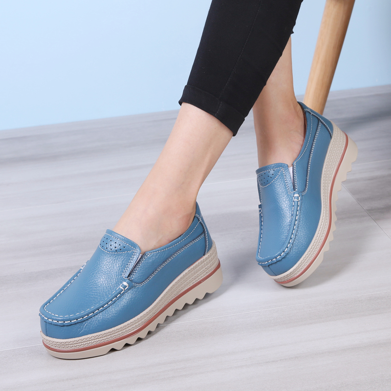 Blue & SleeveShoe of sponge cake female spring and autumn new pattern Thick bottom increase Shake the bottom Slope heel Big size British style Small leather shoes female genuine leather Women's Shoes