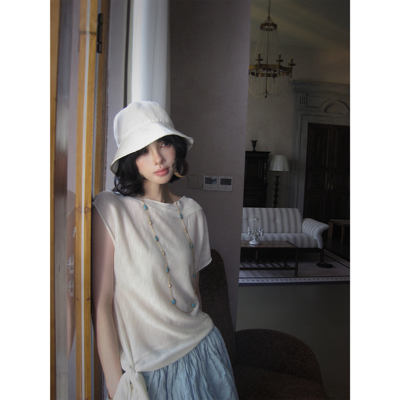 Asm Anna/Dianren Gaozhi Natural Bamboo Texture Cool One-Shoulder Tie Knit T-Shirt for Women