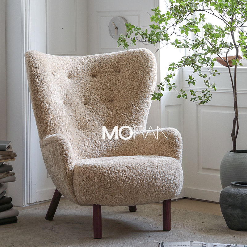Moyan Danish Design Minimalist Style Solid Wood High-Back Lamb Wool Single Chair Designer Walnut Sofa Chair