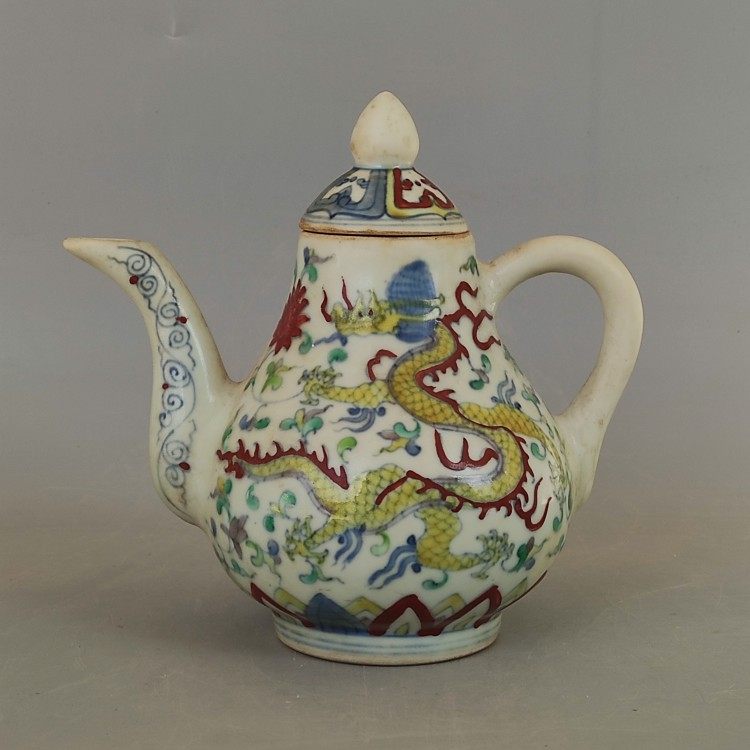 明成化青花斗彩手绘龙纹酒壶景德镇古玩古董陶瓷器仿古老货收藏