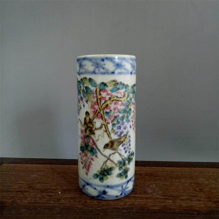 Republic of China powder enamel blue and white flower and bird pattern pen holder antique antique antique porcelain do old collection boutique decoration