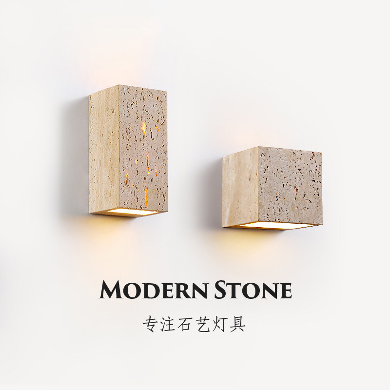 2026 New Minimalist Bedroom Yellow Travertine Square Led Light Natural Stone Outdoor Waterproof High-End Wall Lamp