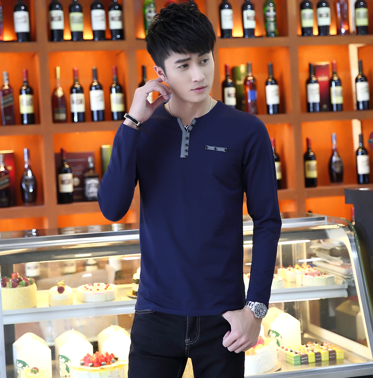 Mùa xuân và mùa thu trục dài áo thun nam tay dài Quần áo mùa thu áo thường mặc 2018 mới mùa thu áo nhỏ đất v vải thun cotton