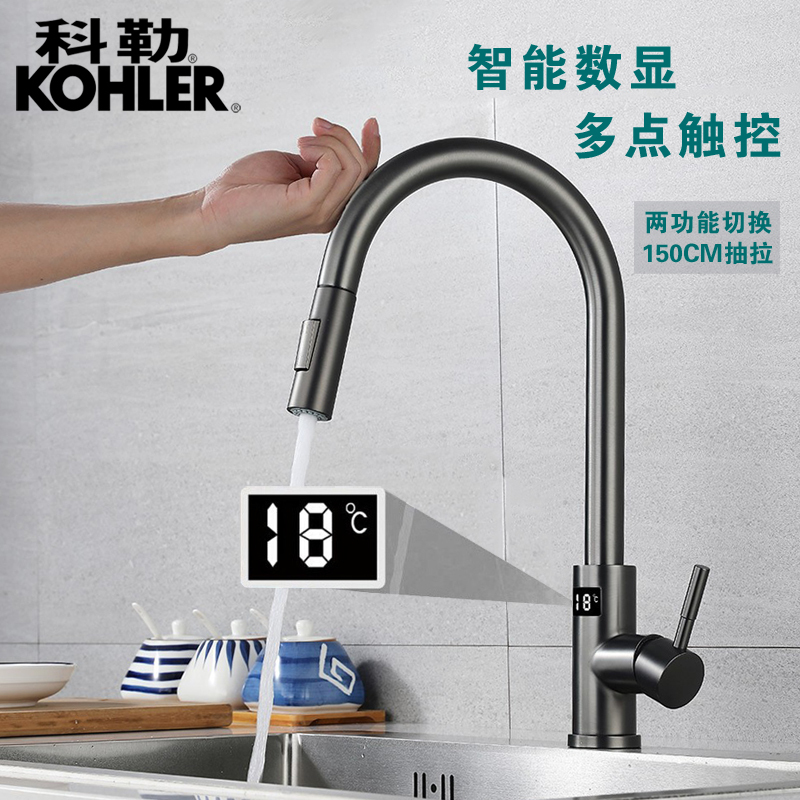 Touch and Infrared Sensor Dual-Control Kitchen Faucet Pull-Out Hot and Cold Digital Display Sink Faucet Splash-Proof Faucet