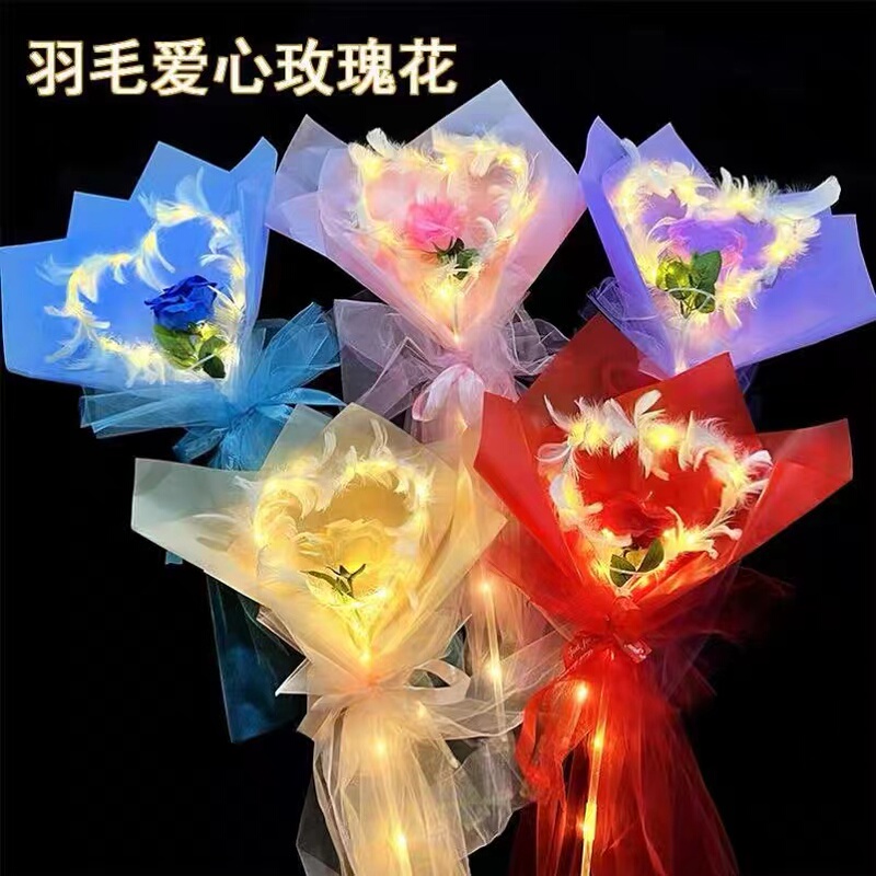Internet-Famous New Valentine's Day Handheld Glowing Heart-Shaped Rose Bouquet Holiday Gift DIY Material Kit for Night Market Stalls